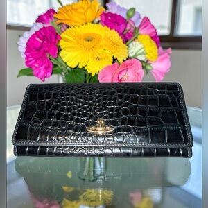 Vivienne Westwood EUC Black Croc-Embossed Long Wallet with Gold Accent with COA